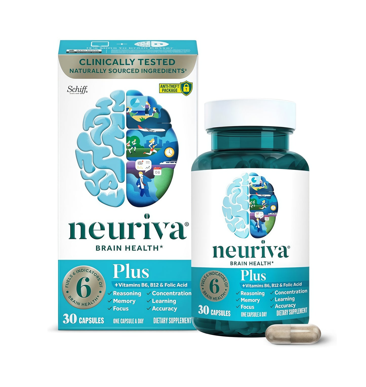 NEURIVA Plus Brain Supplements for Memory and Focus, Clinically Tested Nootropics Neurofactor and Phosphatidylserine, with Vitamin B12, Vitamin B6 and Folic Acid, 30 Count Capsules